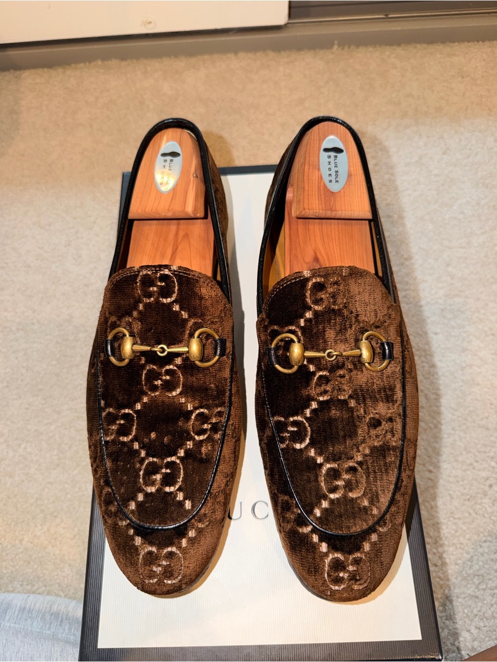 Gucci Brown Velvet Horsebit Signature Loafers